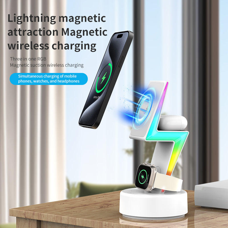 2024 New product Lightning shaped 3-in-1 wireless charger with RGB ambient nightlight for iPhone Apple Watch Airpods