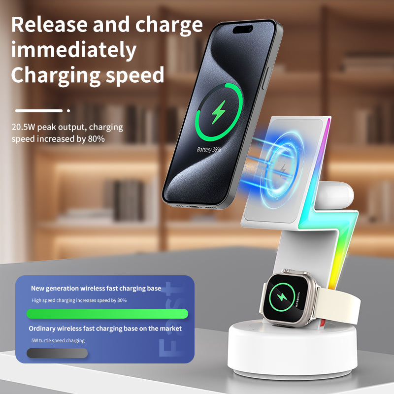 2024 New product Lightning shaped 3-in-1 wireless charger with RGB ambient nightlight for iPhone Apple Watch Airpods