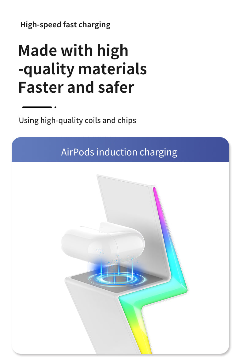 2024 New product Lightning shaped 3-in-1 wireless charger with RGB ambient nightlight for iPhone Apple Watch Airpods