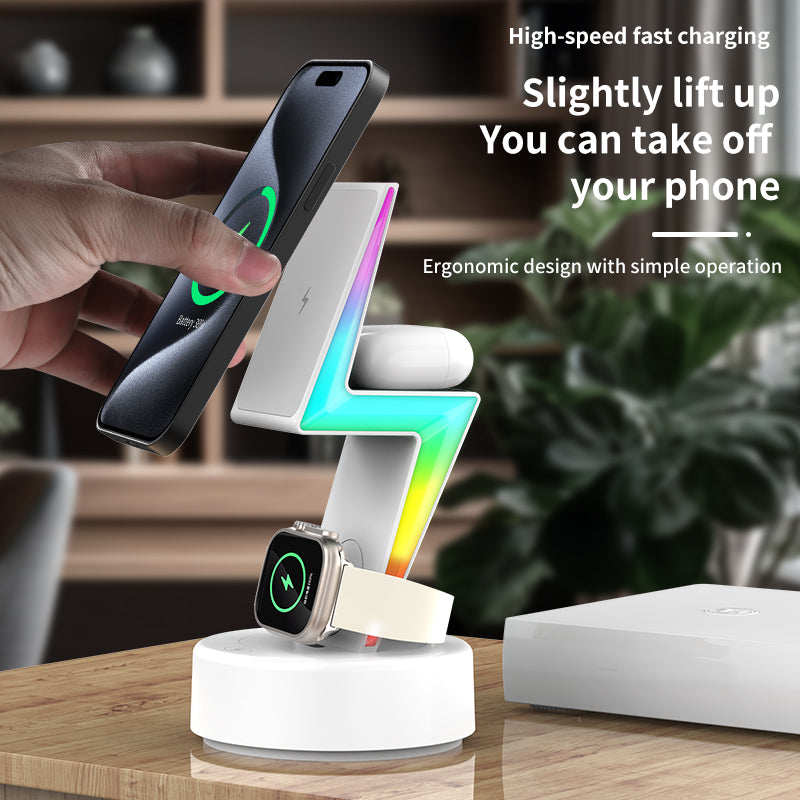 2024 New product Lightning shaped 3-in-1 wireless charger with RGB ambient nightlight for iPhone Apple Watch Airpods