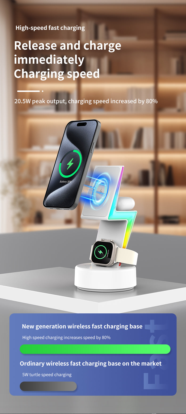 2024 New product Lightning shaped 3-in-1 wireless charger with RGB ambient nightlight for iPhone Apple Watch Airpods