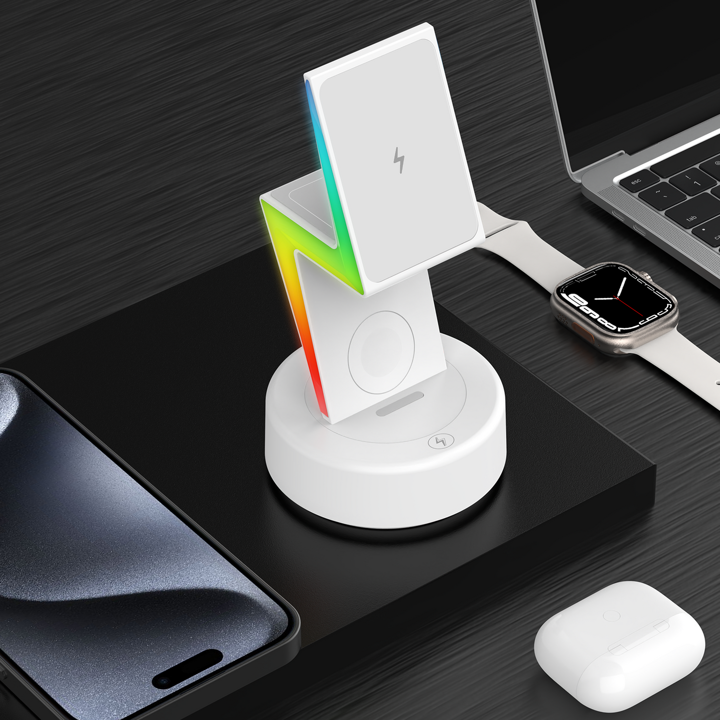 2024 New product Lightning shaped 3-in-1 wireless charger with RGB ambient nightlight for iPhone Apple Watch Airpods