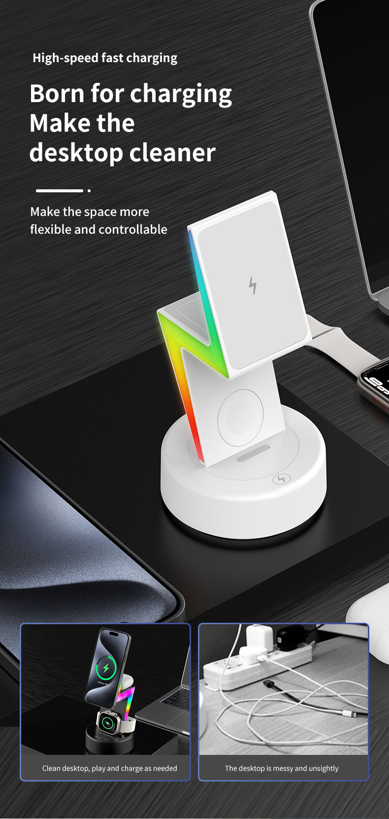 2024 New product Lightning shaped 3-in-1 wireless charger with RGB ambient nightlight for iPhone Apple Watch Airpods