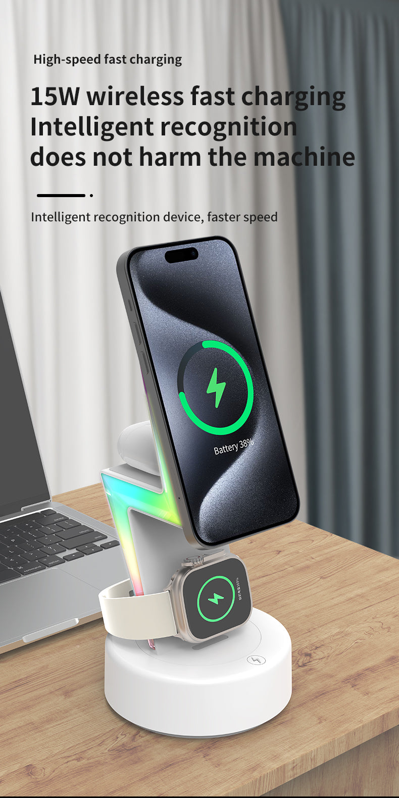 2024 New product Lightning shaped 3-in-1 wireless charger with RGB ambient nightlight for iPhone Apple Watch Airpods