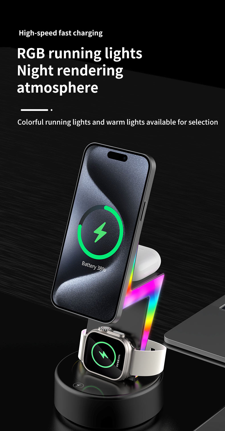 2024 New product Lightning shaped 3-in-1 wireless charger with RGB ambient nightlight for iPhone Apple Watch Airpods