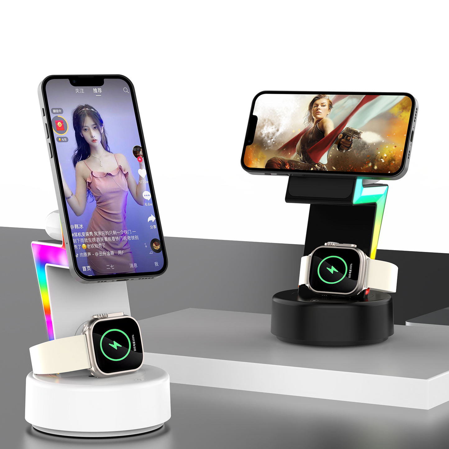 2024 New product Lightning shaped 3-in-1 wireless charger with RGB ambient nightlight for iPhone Apple Watch Airpods