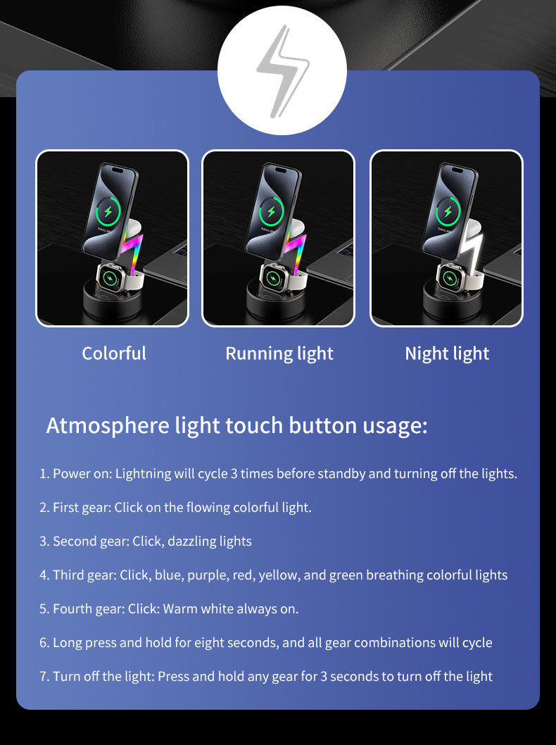 2024 New product Lightning shaped 3-in-1 wireless charger with RGB ambient nightlight for iPhone Apple Watch Airpods