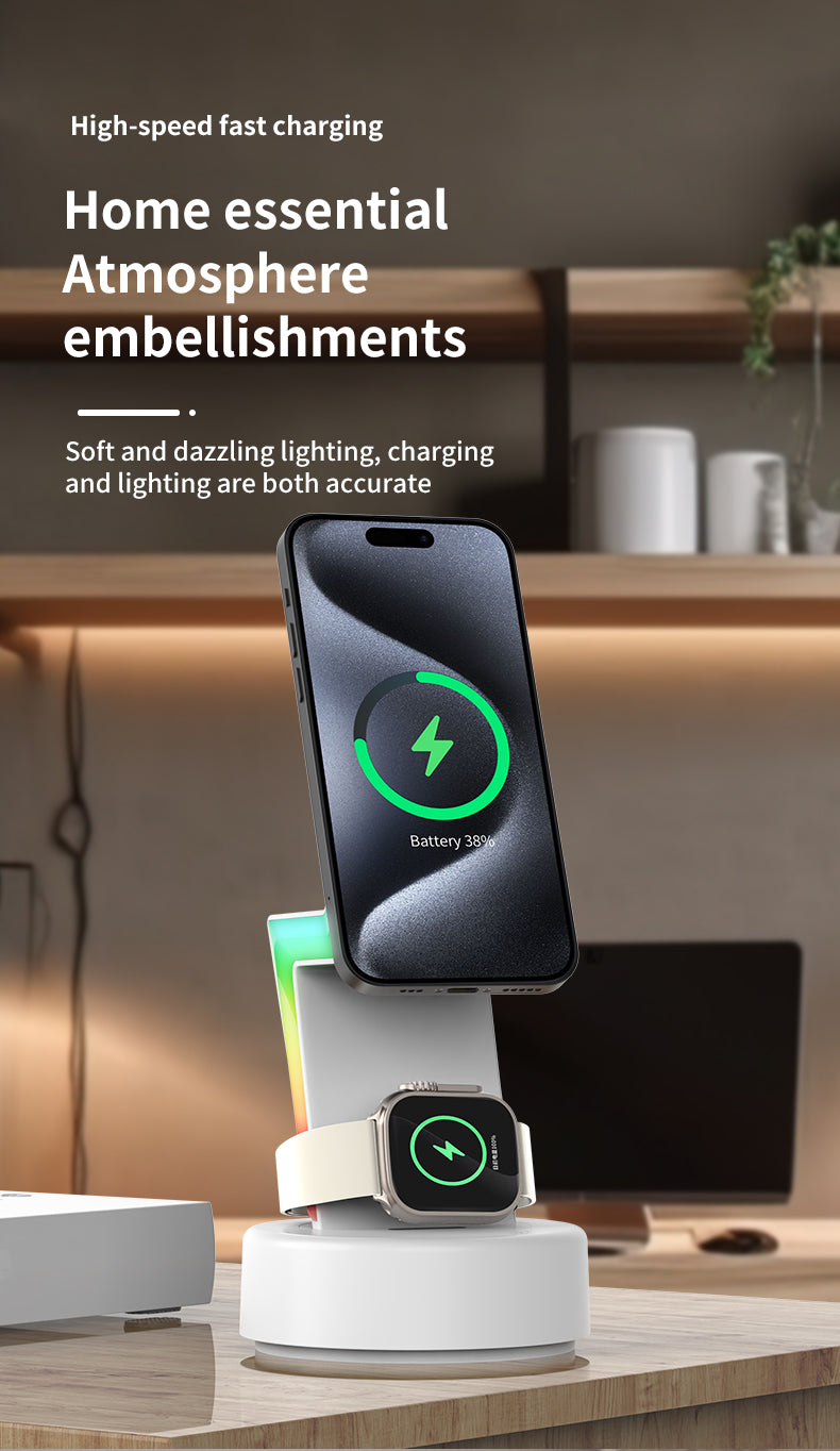 2024 New product Lightning shaped 3-in-1 wireless charger with RGB ambient nightlight for iPhone Apple Watch Airpods