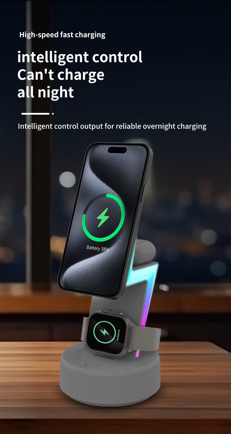 2024 New product Lightning shaped 3-in-1 wireless charger with RGB ambient nightlight for iPhone Apple Watch Airpods