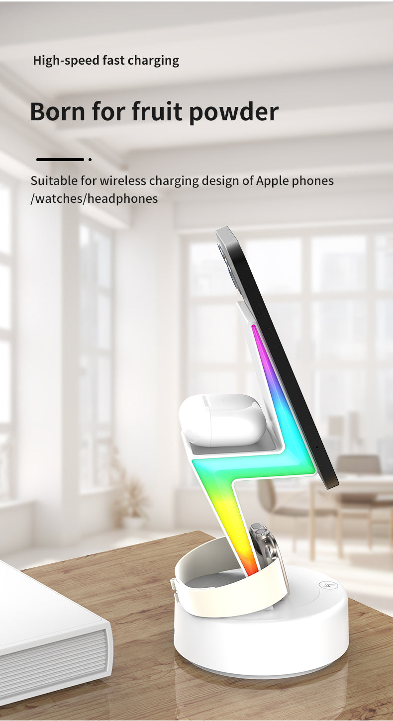 2024 New product Lightning shaped 3-in-1 wireless charger with RGB ambient nightlight for iPhone Apple Watch Airpods