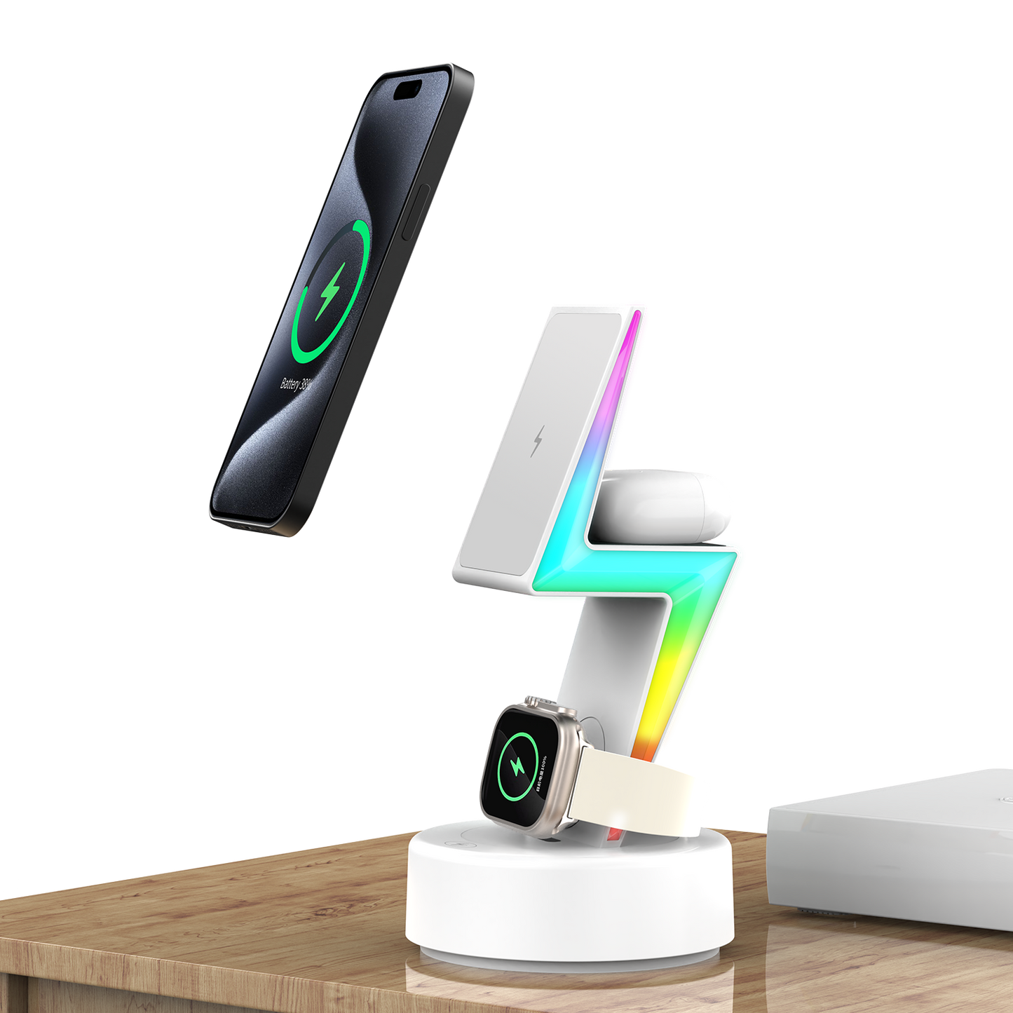 2024 New product Lightning shaped 3-in-1 wireless charger with RGB ambient nightlight for iPhone Apple Watch Airpods