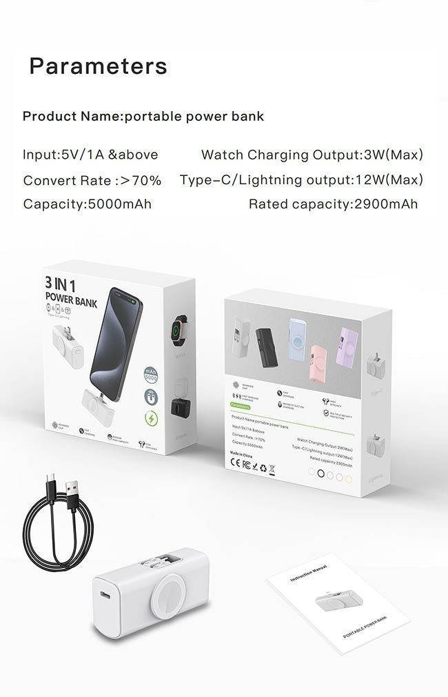 Latest 3 in 1 5000mAh portable power bank with Type-c &lighting two cables for Smartphone and iWatch