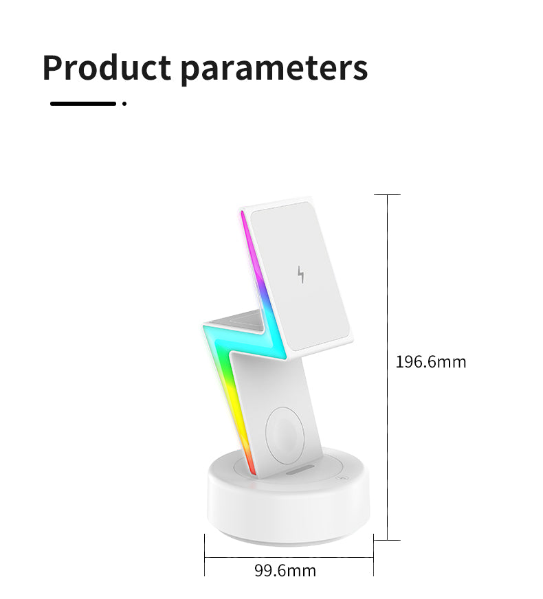 2024 New product Lightning shaped 3-in-1 wireless charger with RGB ambient nightlight for iPhone Apple Watch Airpods