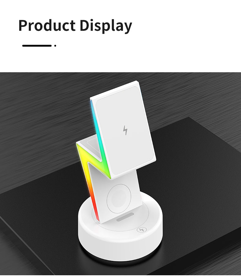 2024 New product Lightning shaped 3-in-1 wireless charger with RGB ambient nightlight for iPhone Apple Watch Airpods