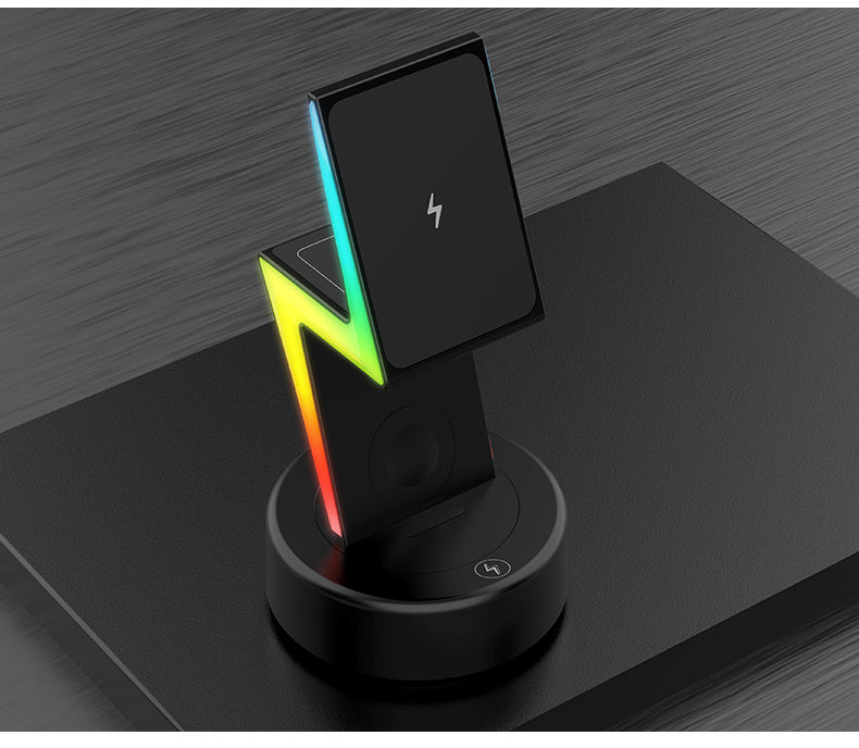 2024 New product Lightning shaped 3-in-1 wireless charger with RGB ambient nightlight for iPhone Apple Watch Airpods