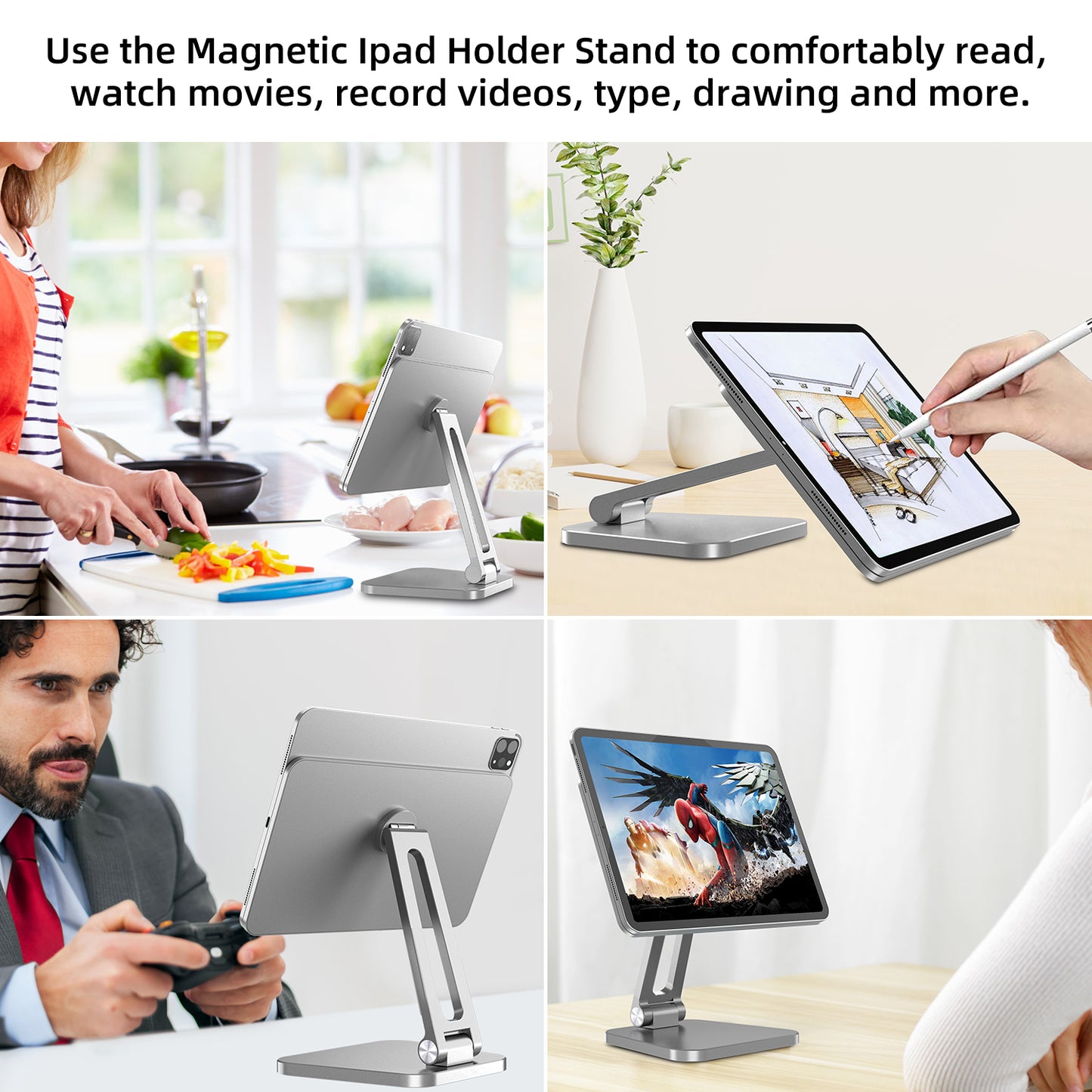 Magnetic iPad Stand Holder, Foldable Portable Tablet Holder, 360° Adjustable Rotating Aluminium Table Stand Upgrade for Apple iPad Pro 11 Inch 1st/2nd/3rd/4th and iPad Air 4th/5th-Gray