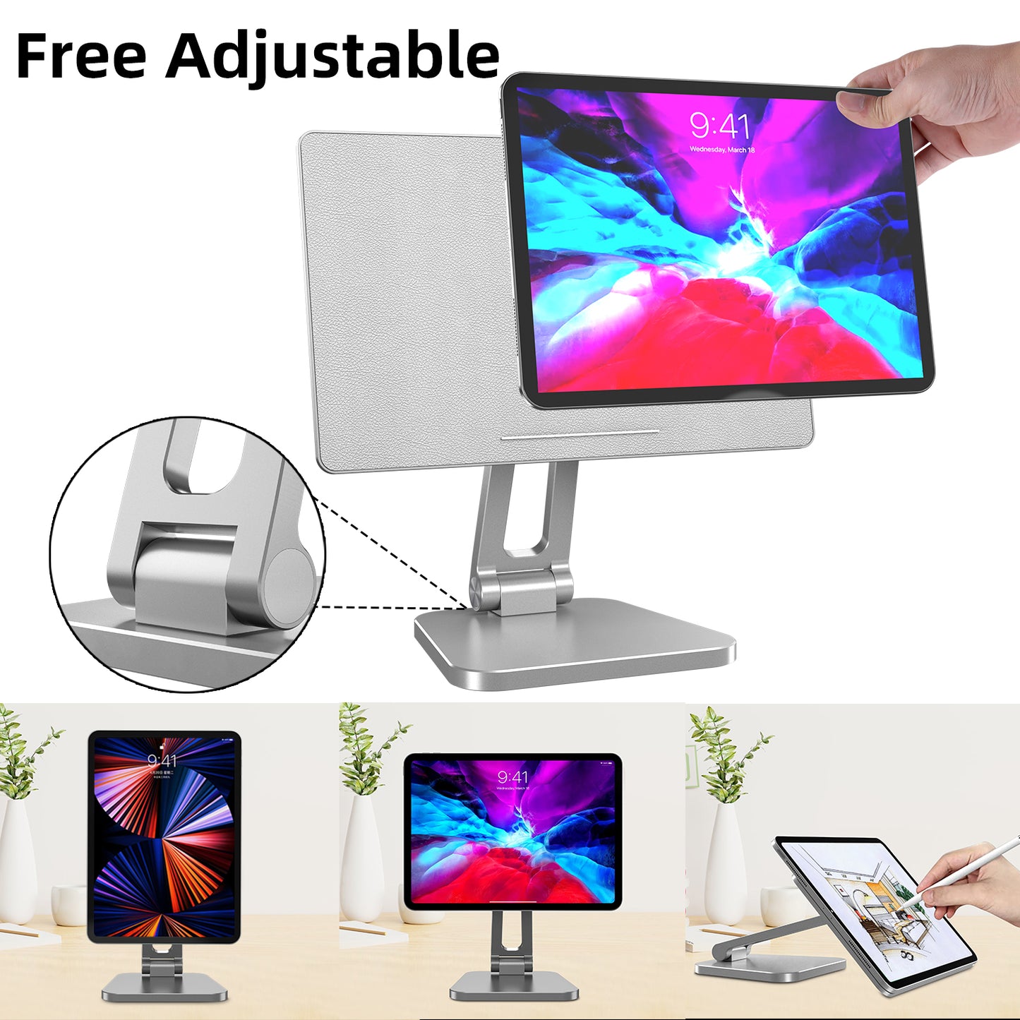 Magnetic iPad Stand Holder, Foldable Portable Tablet Holder, 360° Adjustable Rotating Aluminium Table Stand Upgrade for Apple iPad Pro 11 Inch 1st/2nd/3rd/4th and iPad Air 4th/5th-Gray