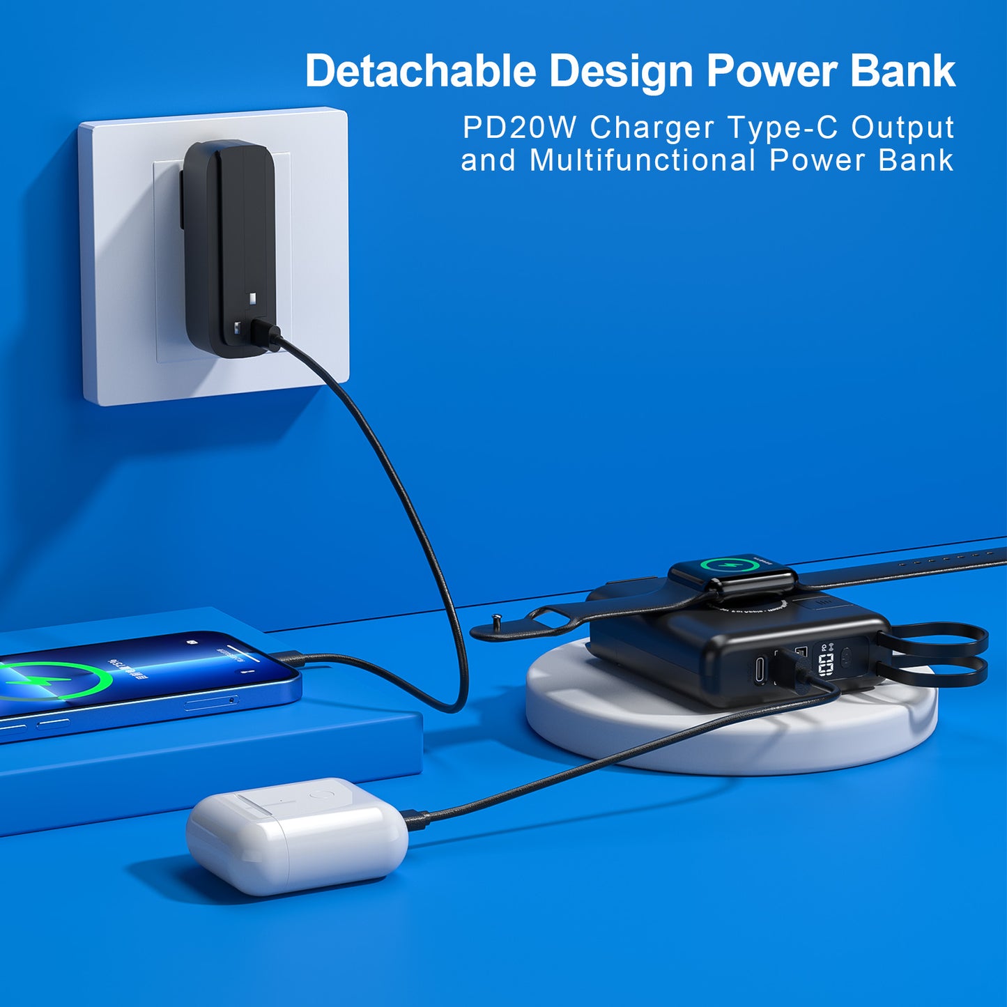 Multifunctional power bank have 2 cables with removable 20W PD wall charger UA/UK/EU/US plug for iPhone 15 iWatch