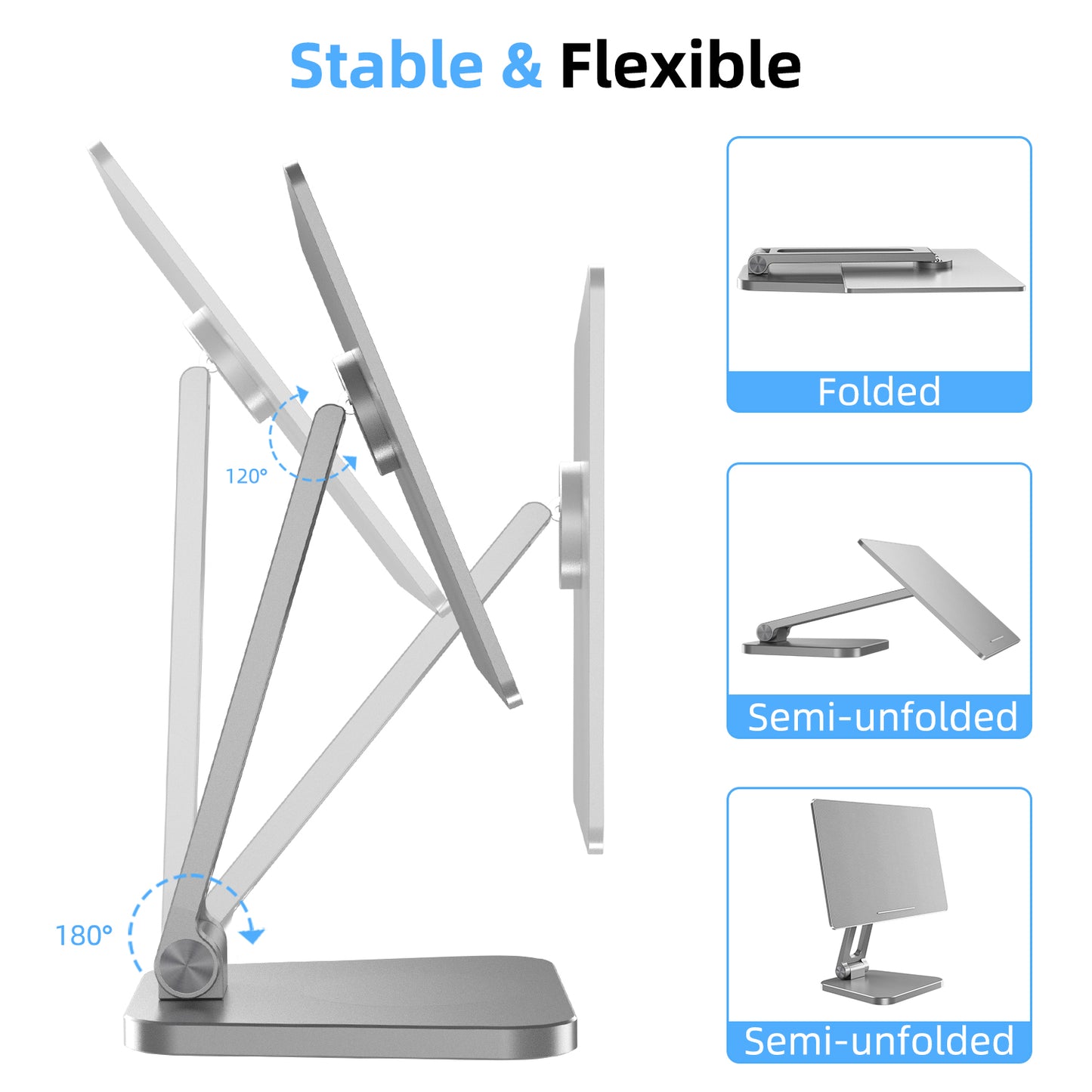 Magnetic iPad Stand Holder, Foldable Portable Tablet Holder, 360° Adjustable Rotating Aluminium Table Stand Upgrade for Apple iPad Pro 11 Inch 1st/2nd/3rd/4th and iPad Air 4th/5th-Gray