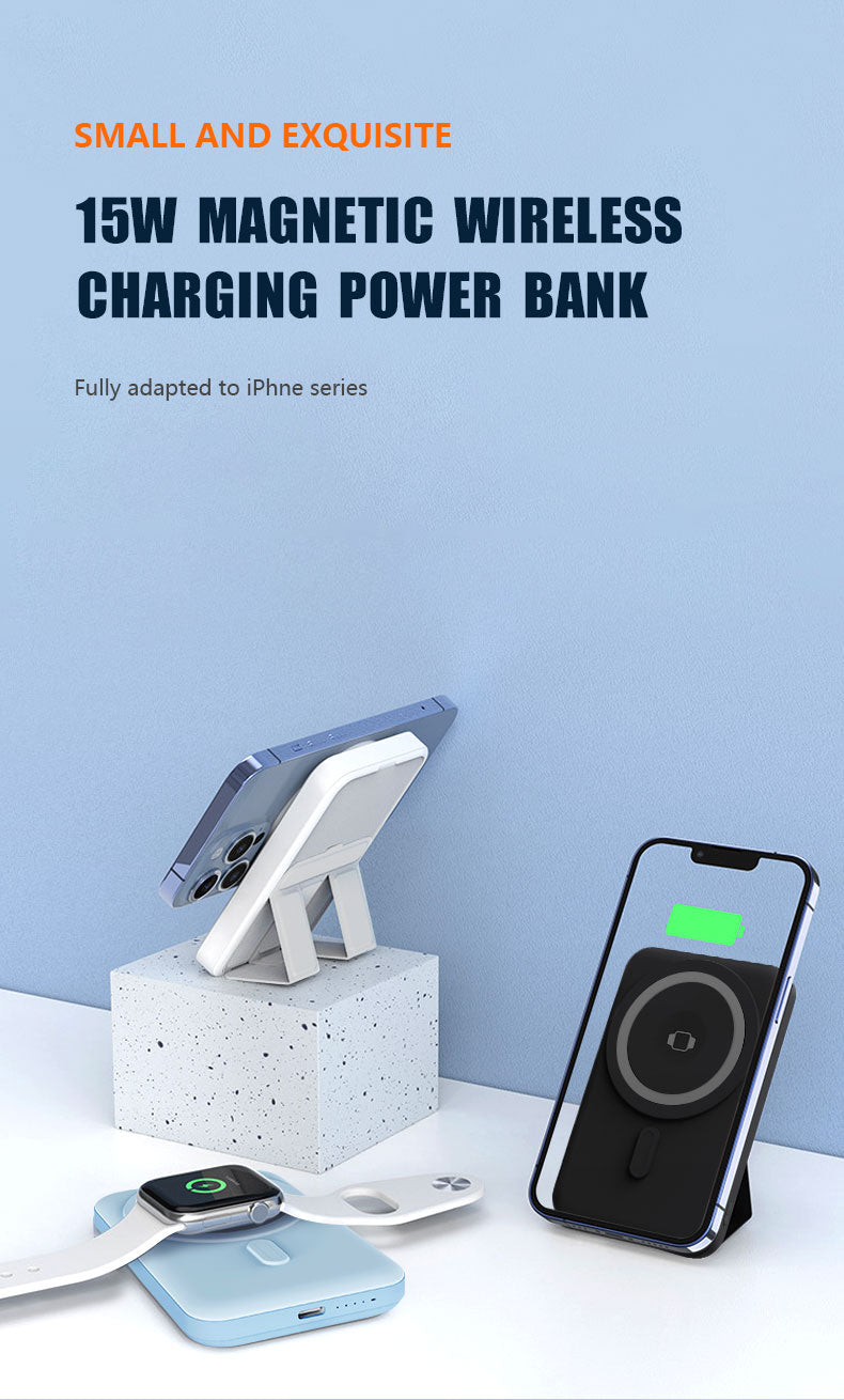 2023 New innovative 2in1 magnetic wireless charging power bank for iPhone 15 & iWatch 5000mAh / 10000mAh mini battery pack