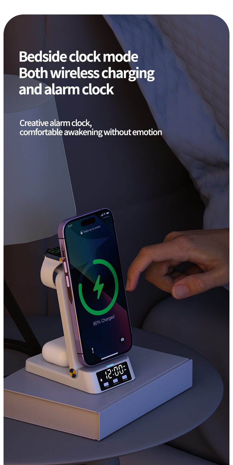 15W vertical wireless fast charging 4-in-1 wireless charger with clock time display