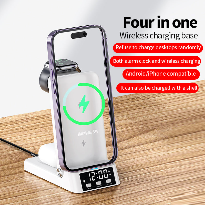 15W vertical wireless fast charging 4-in-1 wireless charger with clock time display