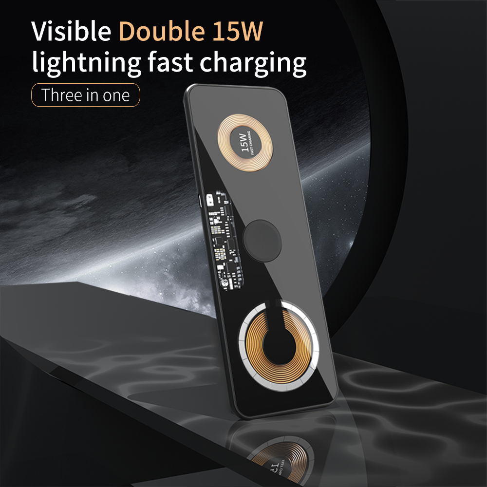 Visible 3 in 1 lightning-fast charging Tempered glass + aluminum alloy heat dissipation wireless charger