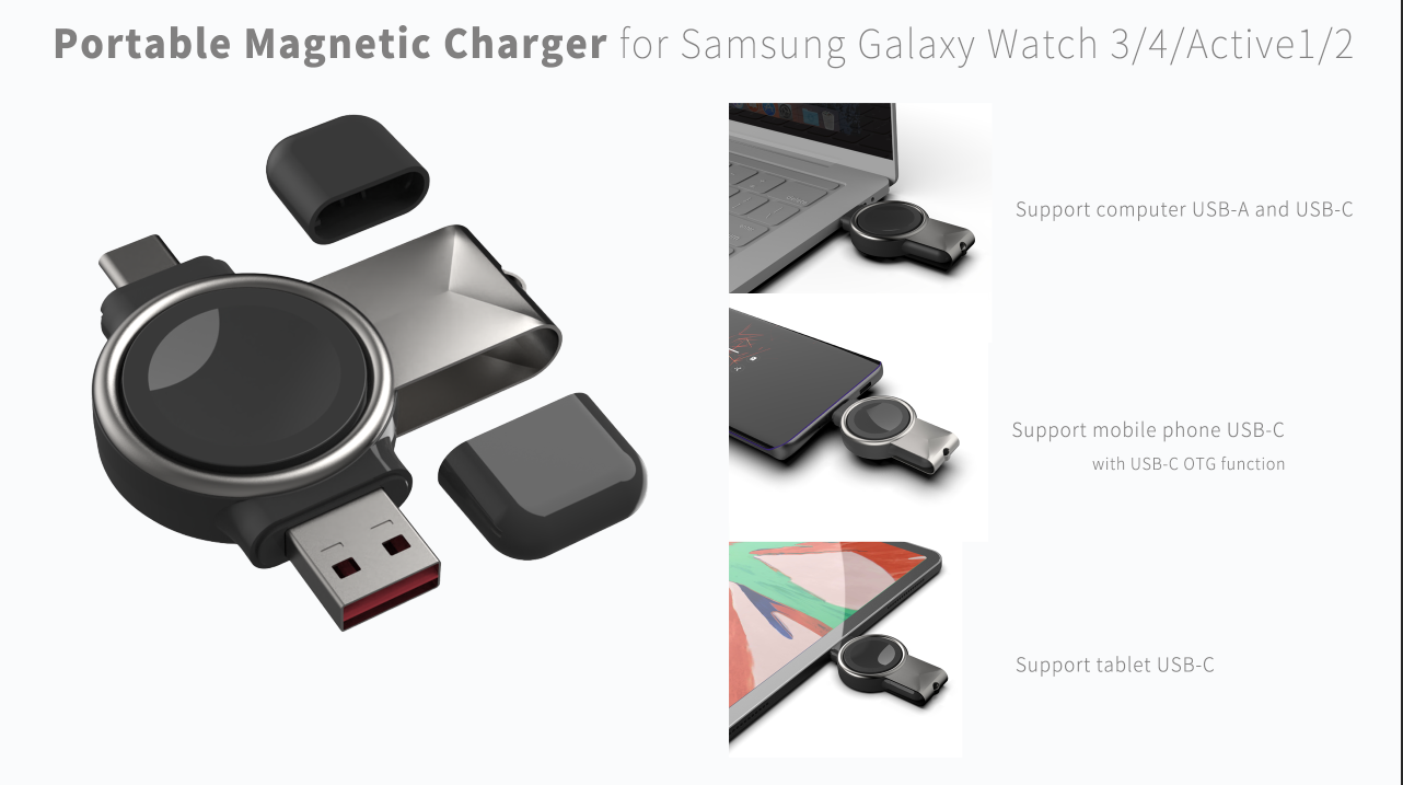Portable magnetic wireless charger for Samsung Galaxy watch 3 / 4 Active 1 / 2