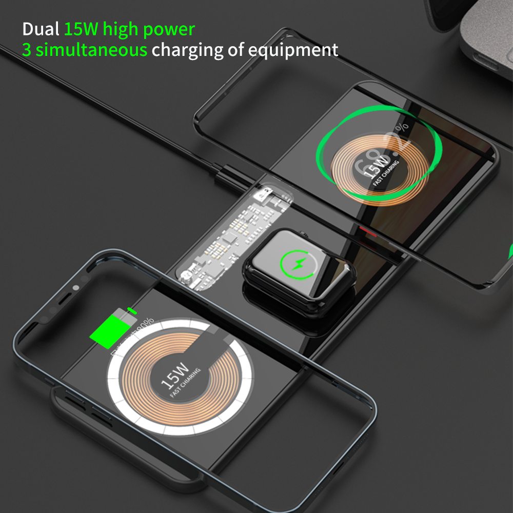 Visible 3 in 1 lightning-fast charging Tempered glass + aluminum alloy heat dissipation wireless charger