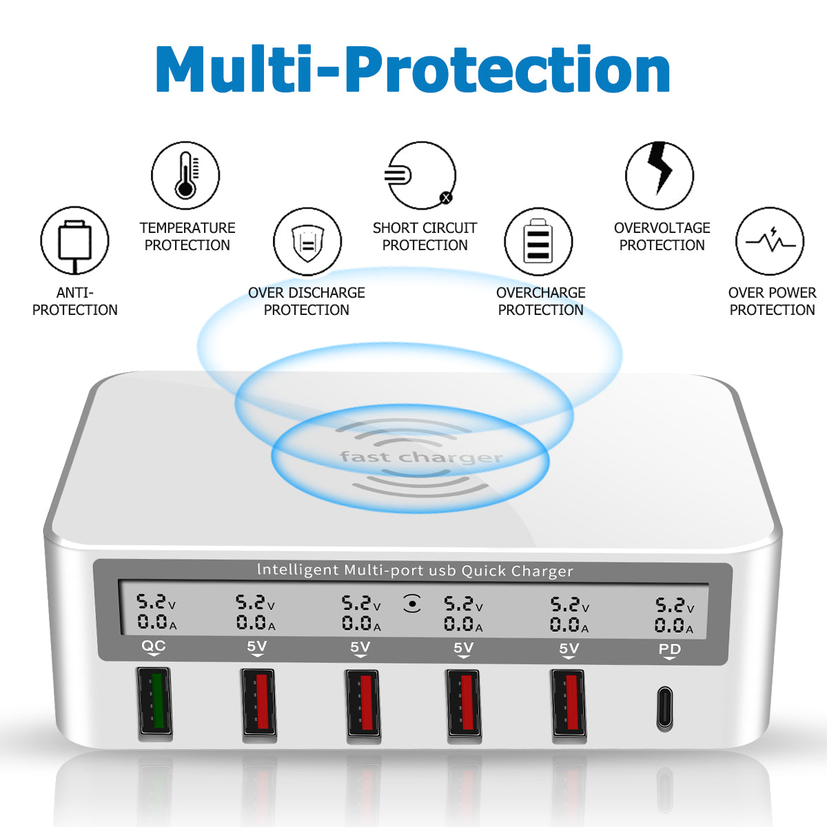 Intelligent multi-port usb quick charger 15W wireless charging station smart USB display 100W  fast charger