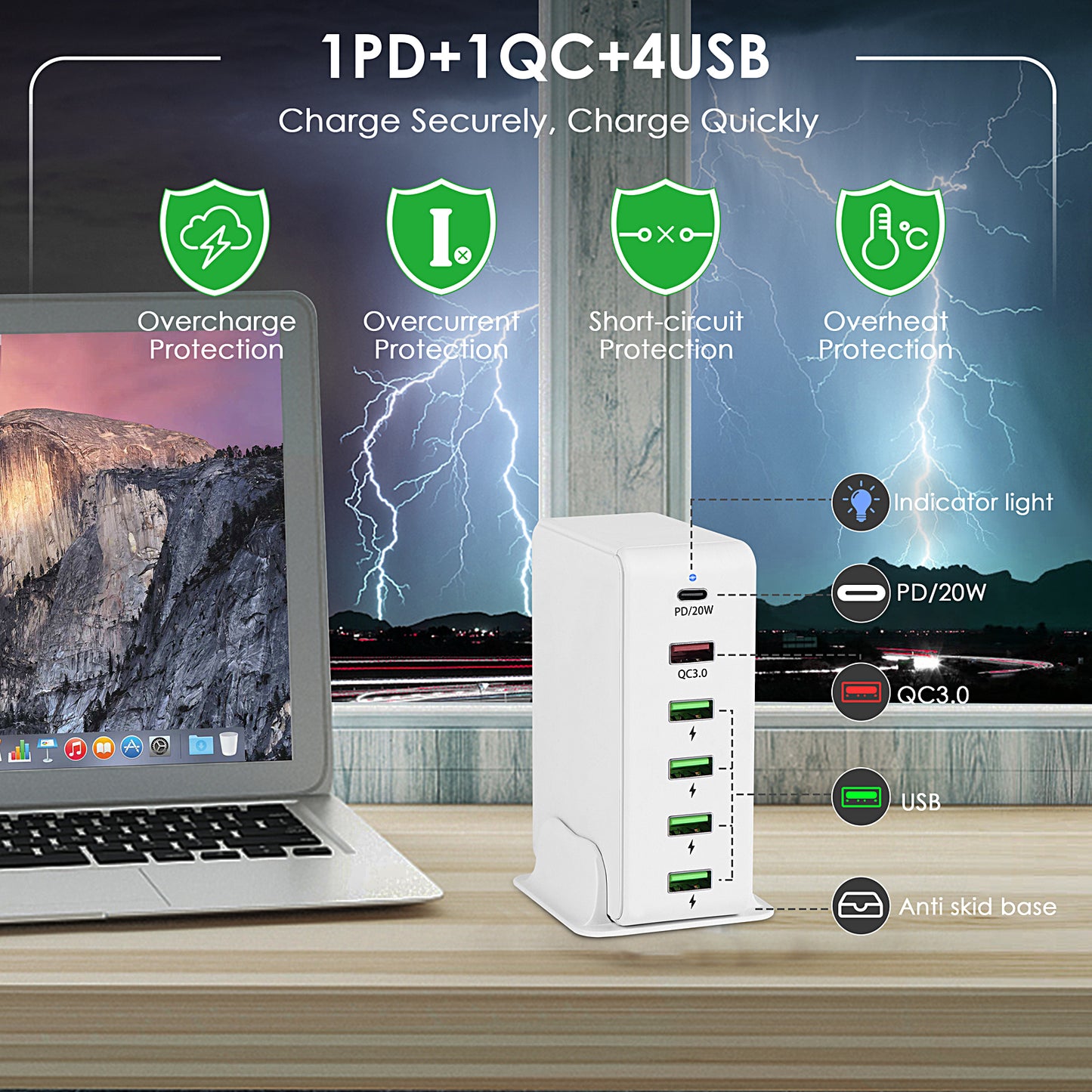 Desktop 65W multi ports usb Type-c PD20W fast charging mobile phone charger QC 3.0 quick charge 6 ports cellphone charging dock station