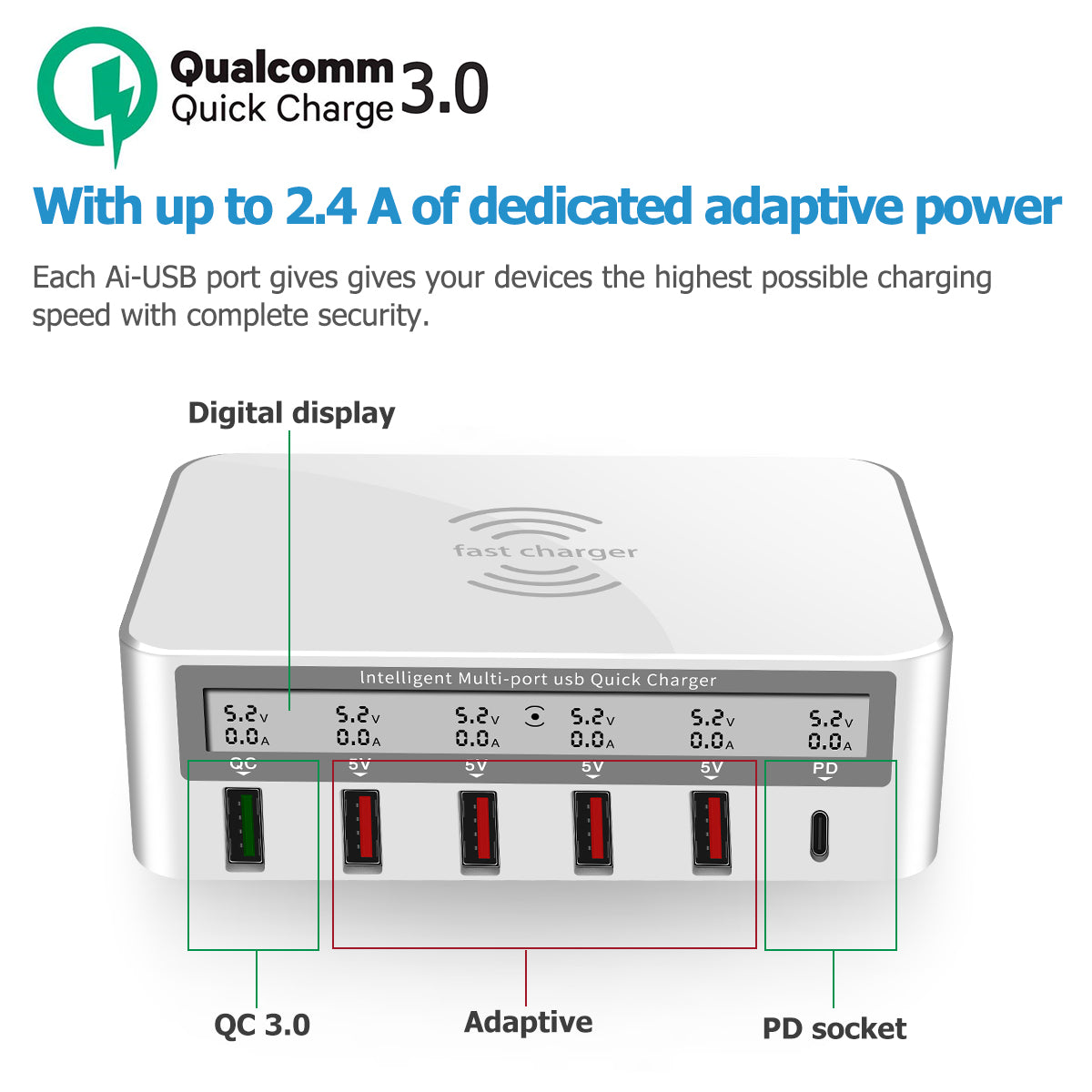 Intelligent multi-port usb quick charger 15W wireless charging station smart USB display 100W  fast charger