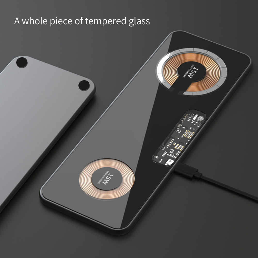 Visible dual 15W Wireless Quick-charge Tempered glass + Aluminum Alloy Qi wireless charger