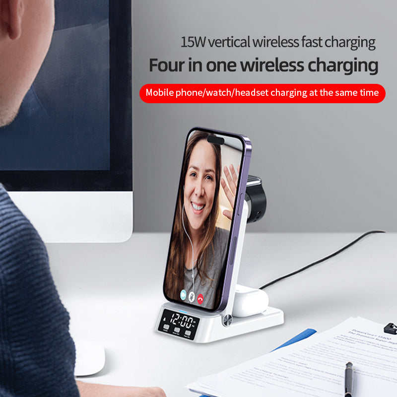 15W vertical wireless fast charging 4-in-1 wireless charger with clock time display