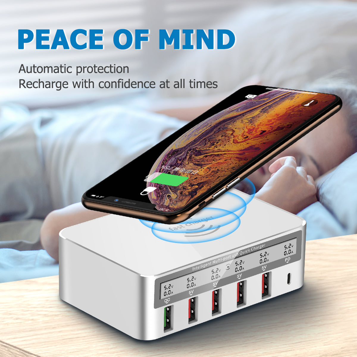 Intelligent multi-port usb quick charger 15W wireless charging station smart USB display 100W  fast charger