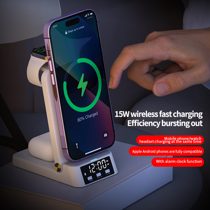 15W vertical wireless fast charging 4-in-1 wireless charger with clock time display