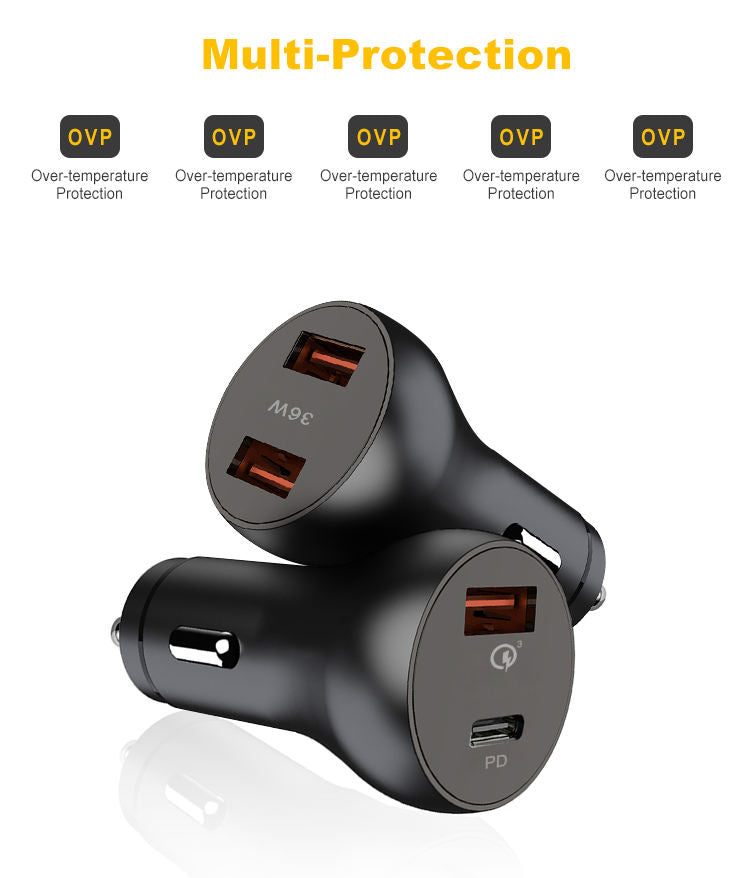 Black 36W Quick Car Charge QC3.0 PD20W USB C Car Charger Type-C Mini Dual Usb Car Charger With Led