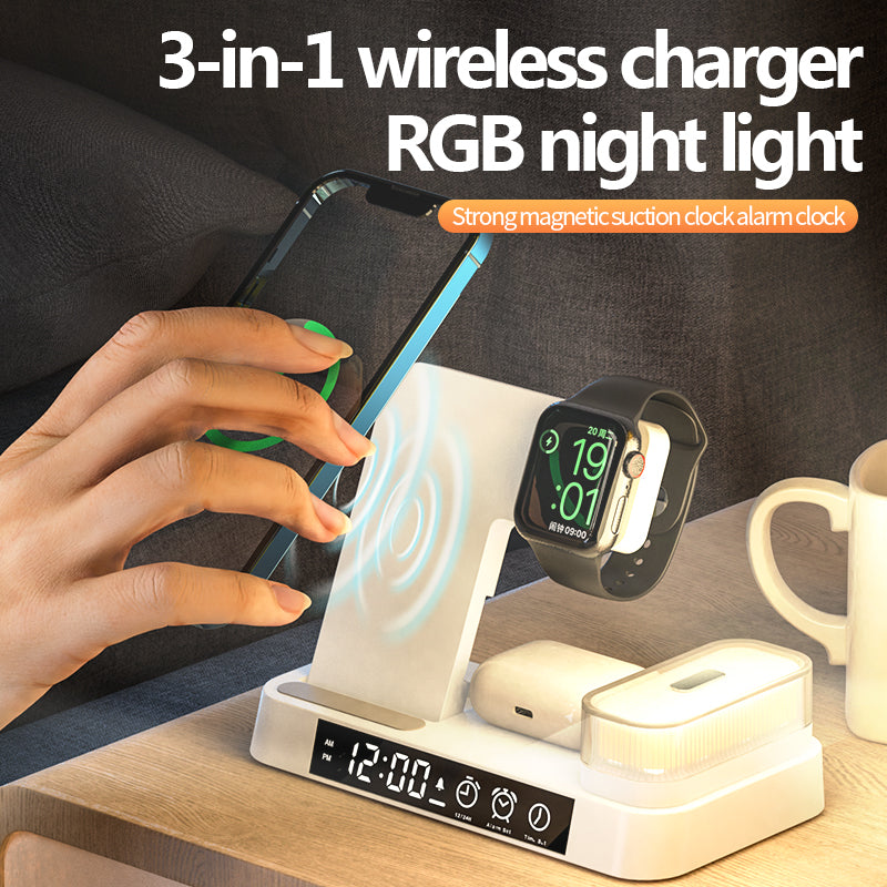 3 in 1 wireless charger with clock and magnetic colorful night light A37
