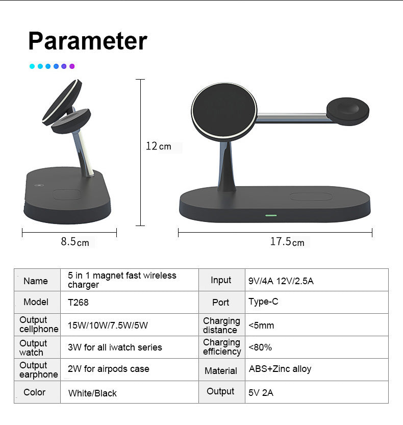 5 In 1 Magnetic Wireless Charger Station with night light T268