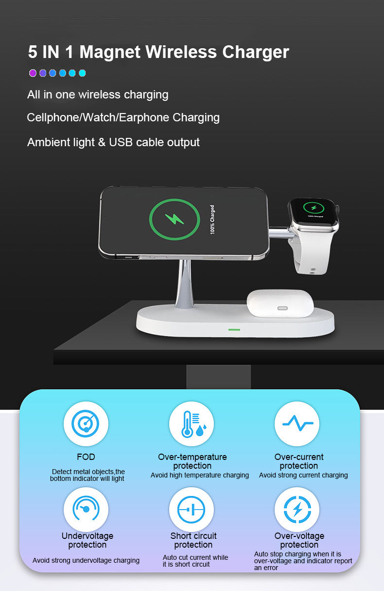 5 In 1 Magnetic Wireless Charger Station with night light T268