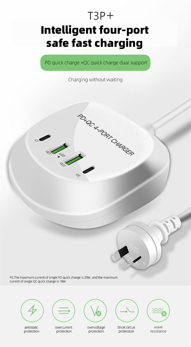 Multi 4 port USB plug charger power strip Spot multi-port USB charger PD20W Fast charge Travel charge 40W high power QC3.0 fast charge