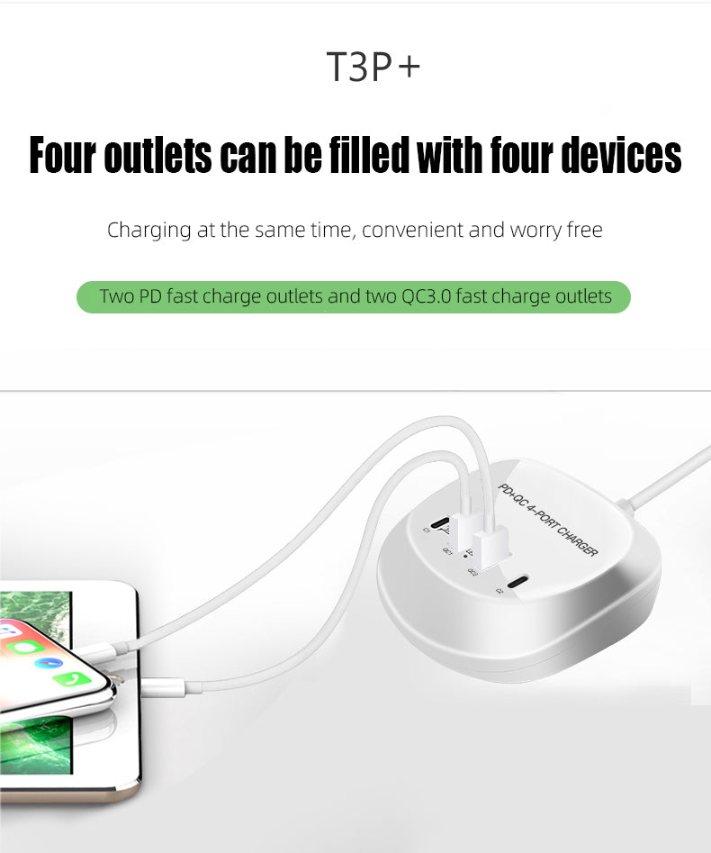 Multi 4 port USB plug charger power strip Spot multi-port USB charger PD20W Fast charge Travel charge 40W high power QC3.0 fast charge