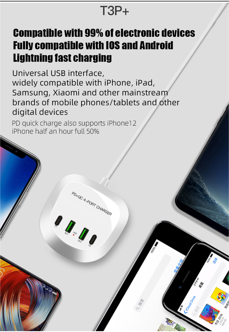 Multi 4 port USB plug charger power strip Spot multi-port USB charger PD20W Fast charge Travel charge 40W high power QC3.0 fast charge