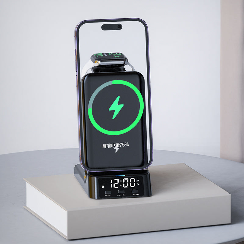 15W vertical wireless fast charging 4-in-1 wireless charger with clock time display